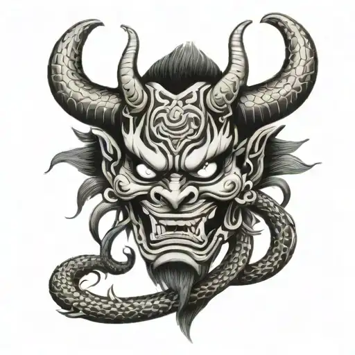 an interesting mask of the Japanese demon oni. the mask is wrapped around a snake and its head is at the top of the mask tattoo design idea
