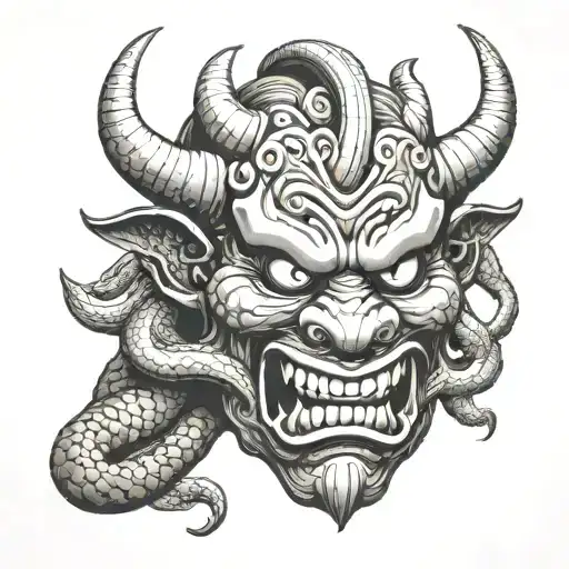 an interesting mask of the Japanese demon oni. the mask is wrapped around a snake and its head is at the top of the mask tattoo design idea