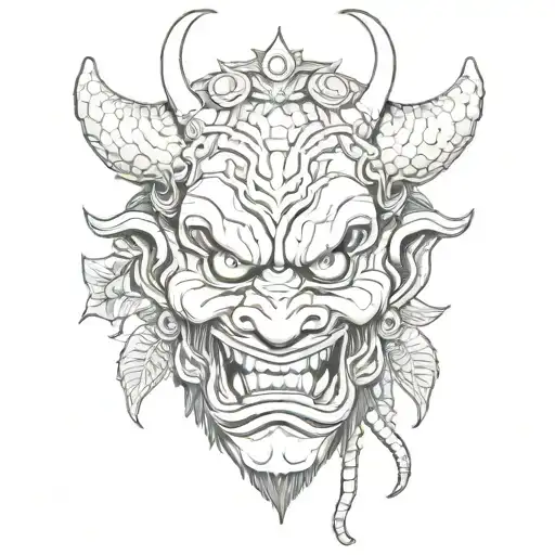 a demon mask oni with a snake on his head. everything is made in Japanese style,  top and bottom masks Japanese leaves  tattoo design idea