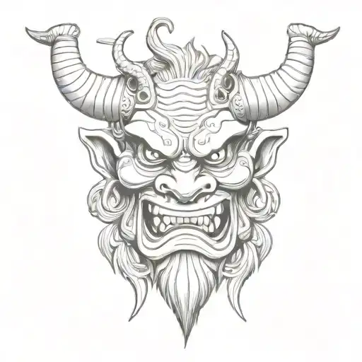 an interesting mask of the Japanese demon oni. the mask is wrapped around a snake and its head is at the top of the mask tattoo design idea