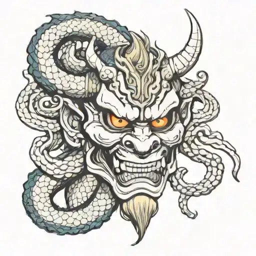  a demon mask oni with a snake on his head. everything is made in Japanese style, beautiful tattoo design idea