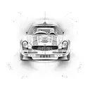 A dotwork design portraying the intense speed and motion of a rally car in action tattoo design idea