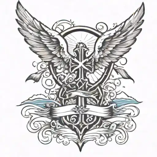 Beach with angel wings, a Christian cross and a swallow above tattoo design idea