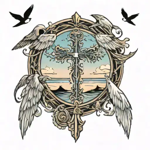 a beach with angel wings and a Christian cross above. there will also be a swallow tattoo design idea