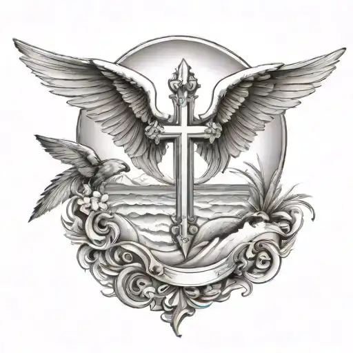 a beach with angel wings and a Christian cross above. there will also be a swallow tattoo design idea