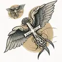 a sandy beach with angel wings and a Christian cross above. Above it there will be a swallow tattoo design idea