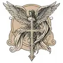 a sandy beach with angel wings and a Christian cross above. Above it there will be a swallow tattoo design idea