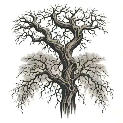 A tattoo of a weeping willow tree with bones intertwined in its branches, representing sadness and hidden meanings   tattoo design idea