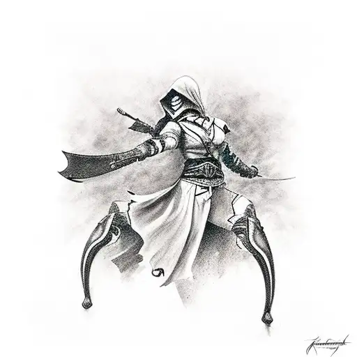female Assasin from the Assasins Creed series  taking down a man from behind tattoo design idea