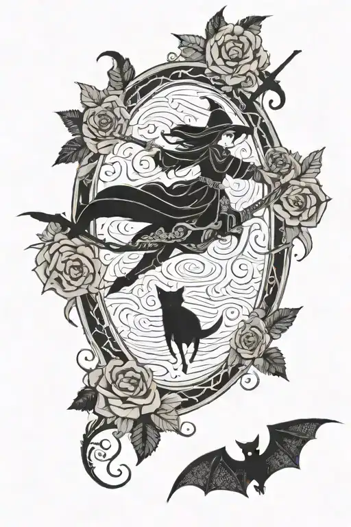 A spooky witch riding a bat through a field of dark floral patterns tattoo design idea