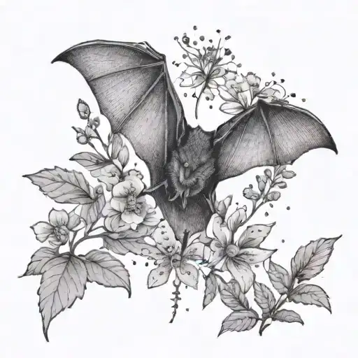 A dotwork tattoo of a bat flying over a field of wildflowers tattoo design idea