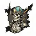 skeleton in armor with a vest on his head a fairy tale on the back of his teeth a cigarette in his hand a 122 caliber shell tattoo design idea