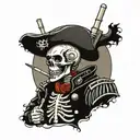 skeleton in armor with a vest on his head a fairy tale on the back of his teeth a cigarette in his hand a 122 caliber shell tattoo design idea