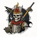 skeleton in armor with a vest on his head a fairy tale on the back of his teeth a cigarette in his hand a 122 caliber shell tattoo design idea