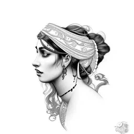 gypsy girl side profile with hair and headband  tattoo design idea