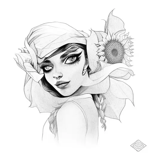 gypsy girl with sunflowers  tattoo design idea