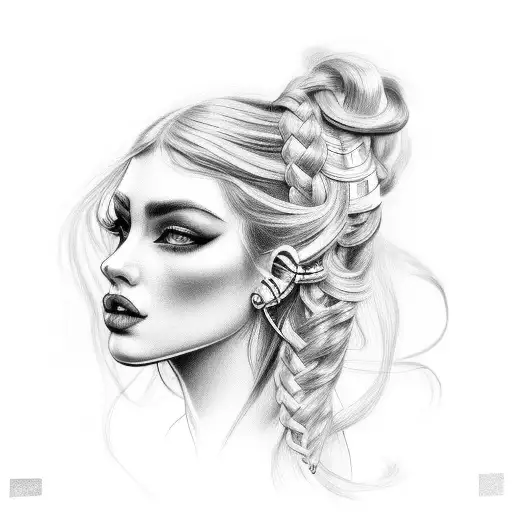 gypsy girl side profile with braids tattoo design idea