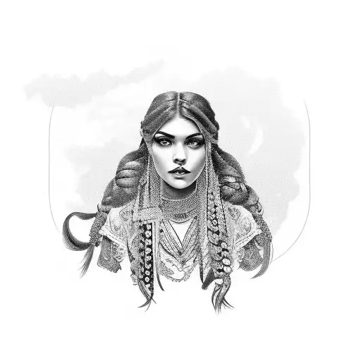 gypsy girl side profile with braids tattoo design idea