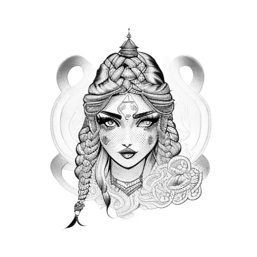 gypsy girl side profile with braids tattoo design idea