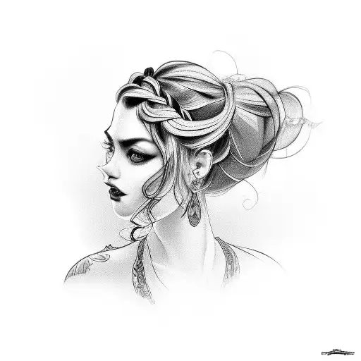 gypsy girl side profile with braids tattoo design idea