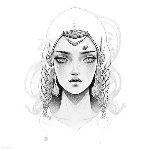 gypsy girl side profile with braids tattoo design idea