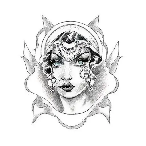 black and white gypsy girl face side  tattoo design idea