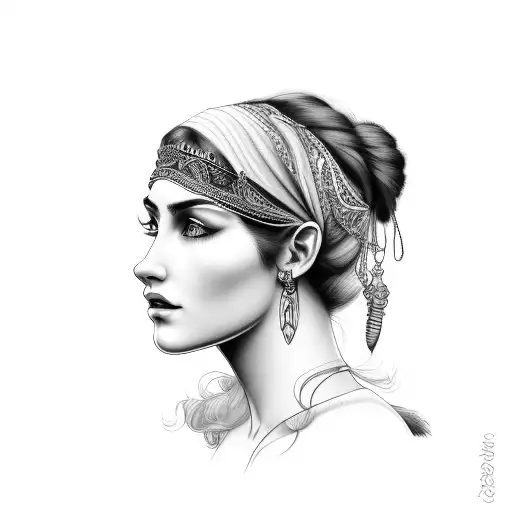 gypsy girl side profile with hair and headband  tattoo design idea