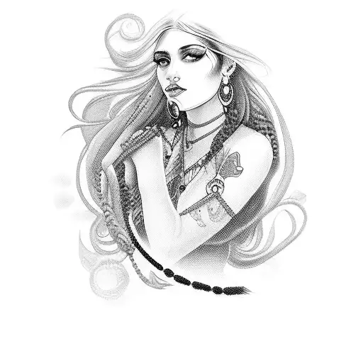 gypsy girl side profile with braids tattoo design idea