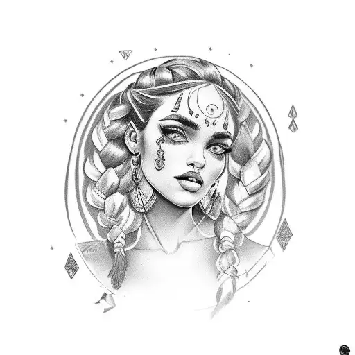 gypsy girl side profile with braids tattoo design idea