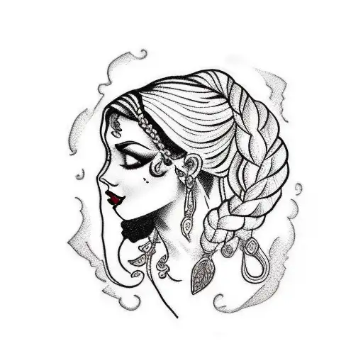 black and white gypsy girl side profile with braids tattoo design idea