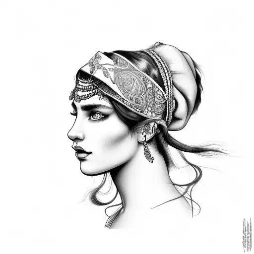 gypsy girl side profile with hair and headband  tattoo design idea