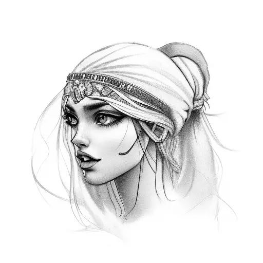 gypsy girl side profile with hair and headband  tattoo design idea