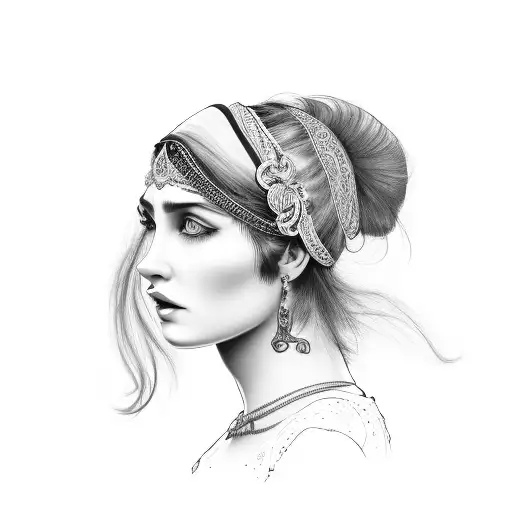 gypsy girl side profile with hair and headband  tattoo design idea