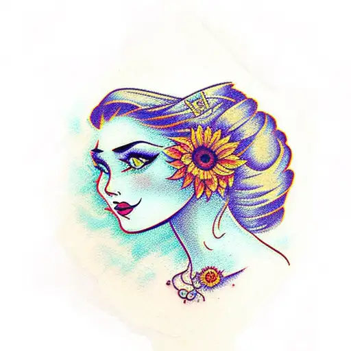 gypsy girl with sunflowers  tattoo design idea