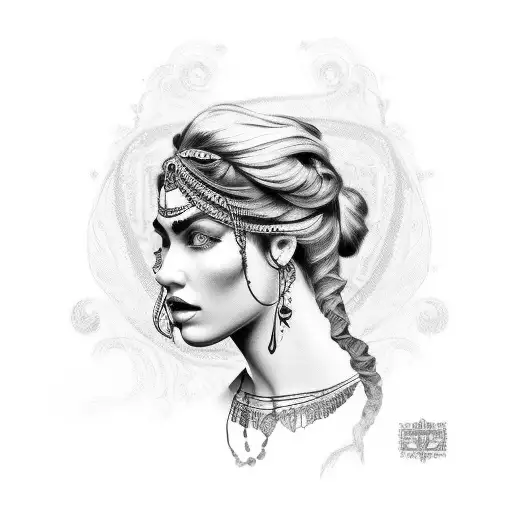 gypsy girl side profile with braids tattoo design idea