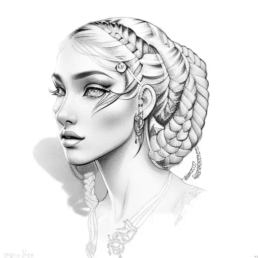 gypsy girl side profile with braids tattoo design idea