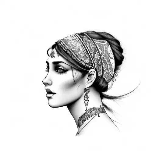 gypsy girl side profile with hair and headband  tattoo design idea