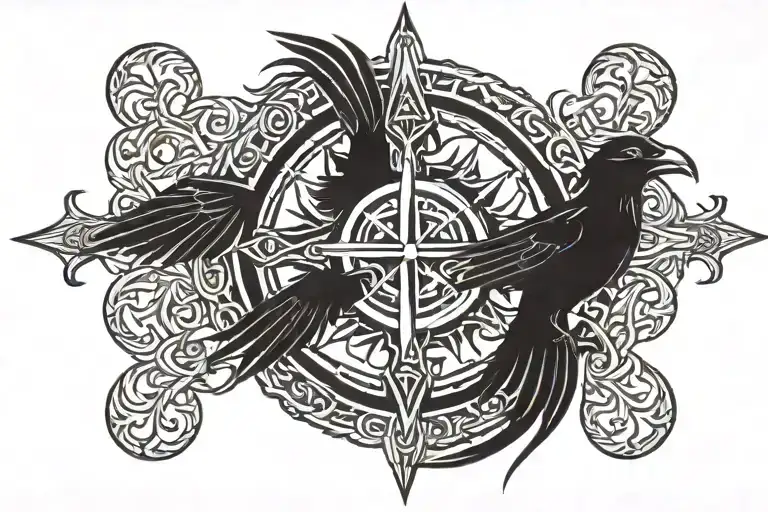 France, crows, viking compass, catholic celtic cross tattoo design idea