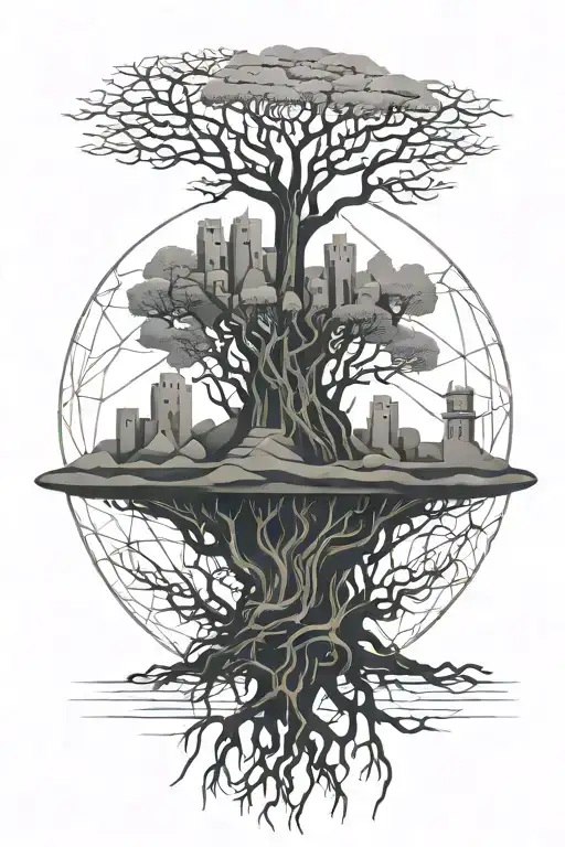 tree with roots and sandcastle  tattoo design idea