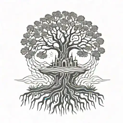  Tree with roots and sandcastle being washed away tattoo design idea