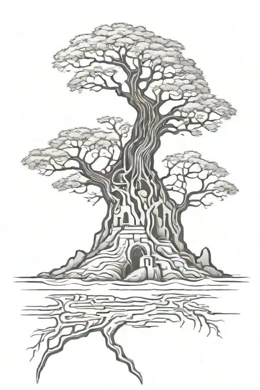  Tree with roots and sandcastle tattoo design idea