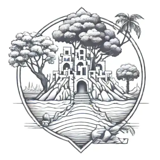 Tree and sandcastle tattoo design idea