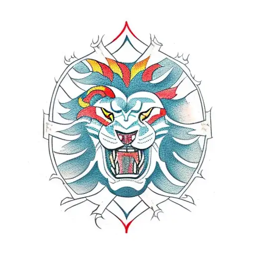 A traditional style tattoo of a roaring lion with arrowheads forming a border around it, incorporating military elements tattoo design idea