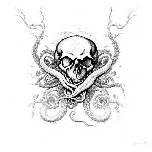 A haunting sketch of a skull with tentacles emerging from its eye sockets tattoo design idea