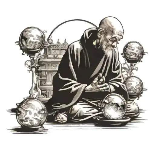 monk in the hood meditating there are 3 orbs above  tattoo design idea