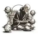 monk in the hood meditating there are 3 orbs above  tattoo design idea