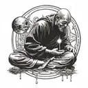 monk in the hood meditating there are 3 orbs above  tattoo design idea
