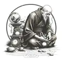monk in the hood meditating there are 3 orbs above  tattoo design idea