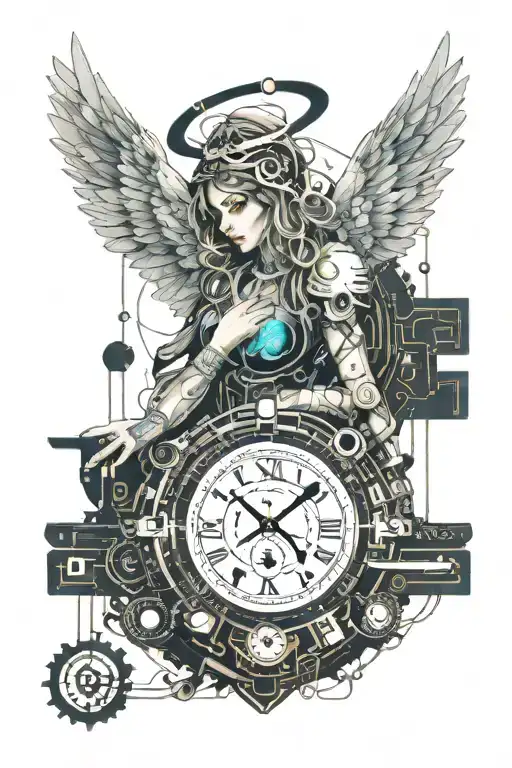 angel with clock face tattoo design idea