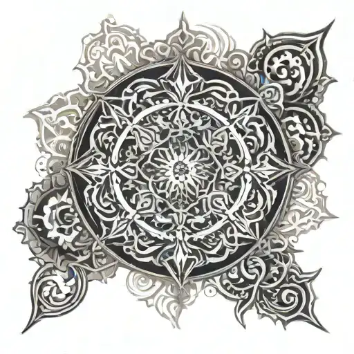 An intricate mandala design incorporating religious symbols such as crosses and angels tattoo design idea